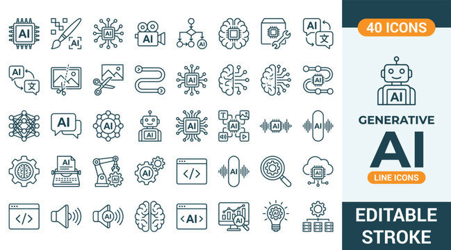 Generative AI and machine learning line icons set. Vector illustration of artificial intelligence, neural network, deep learning, automated content creation tools, editable stroke.