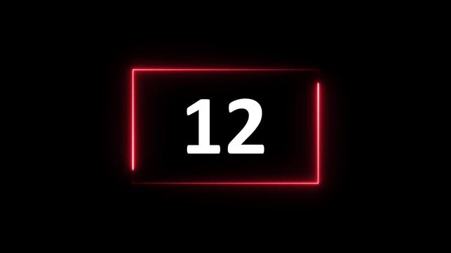 Neon Rectangle countdown timer from 14 second animation on black background with alpha channel, 14 second countdown timer.