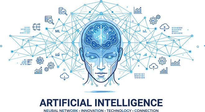 Artificial intelligence concept banner with digital android face and neural network connecting data science icons