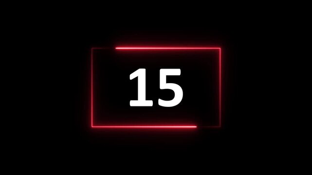 Neon Rectangle countdown timer from 17 second animation on black background with alpha channel, 17 second countdown timer.