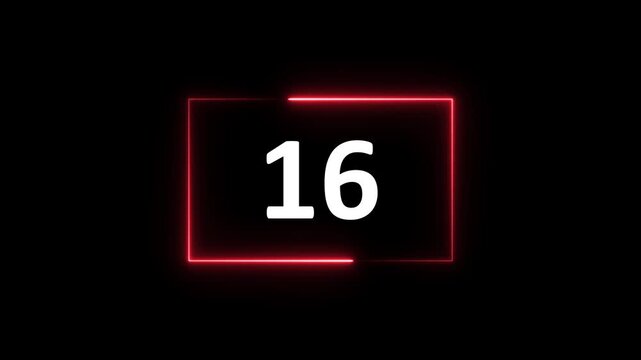 Neon Rectangle countdown timer from 18 second animation on black background with alpha channel, 18 second countdown timer.