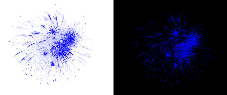 Vibrant blue fireworks explosion on white background, glowing pyrotechnic burst for celebration, festive blue firework display isolated on black