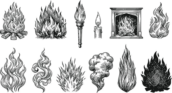 Engraving elements of stylized fire and flame in a vintage illustrative style with dramatic contrast