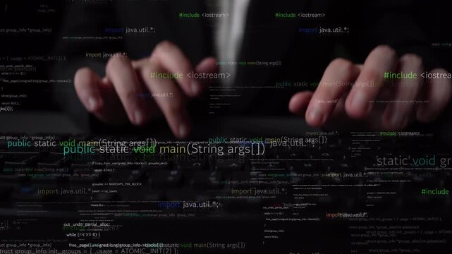 Close-up of hands typing on a keyboard surrounded by abstract programming text and data, representing the dynamic world of technology and coding. Xenic