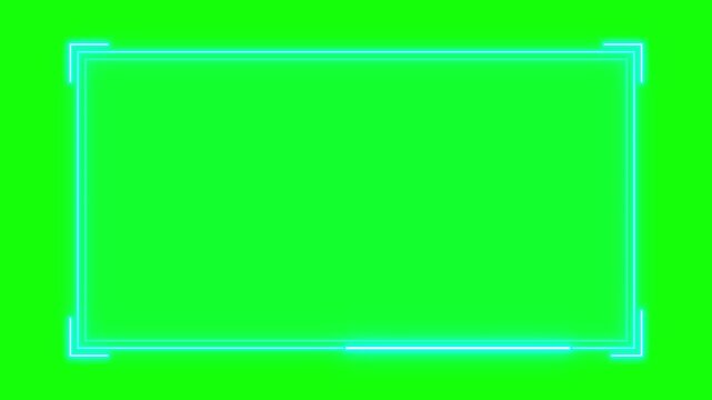 Neon glowing hud frame overlay with corner accents on green screen for ui border