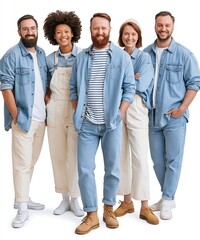 Obraz premium Diverse group of smiling people in casual denim and neutral-toned clothing standing together on a white background