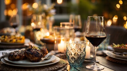 Fototapeta premium Elegant summer evening dinner party with grilled food and wine