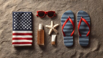 American flag beach towel with sunglasses, flip-flops, and sunscreen on sand