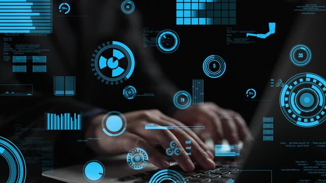 A businessman works on a laptop, immersed in a vibrant digital interface featuring graphs and charts, highlighting the dynamic relationship between technology and data analysis. Xenic