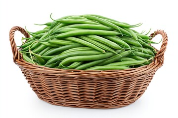 Obraz premium Fresh Green Beans Overflowing in a Woven Basket, Perfect for Healthy Eating and Culinary Inspiration