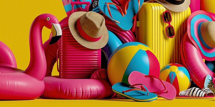 Vibrant Collection of Summer Vacation Essentials and Beach Accessories for Travel and Fun