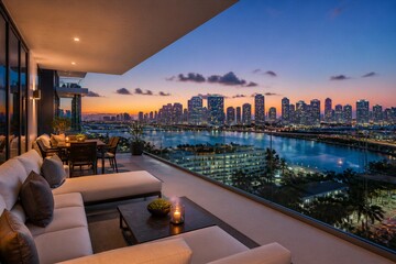 Obraz premium Apartment balcony seating overlooking city skyline at dusk