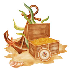 Watercolor illustration of treasure scene with an open chest full of gold, anchor, treasure map, a message in a bottle, compass, starfish on the sand. Children's, nautical, sea travel themes © Elli