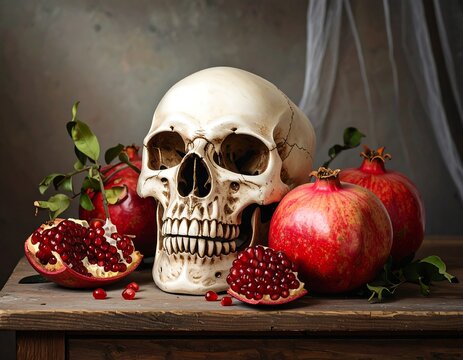 Still life of skull and pomegranates on wood
