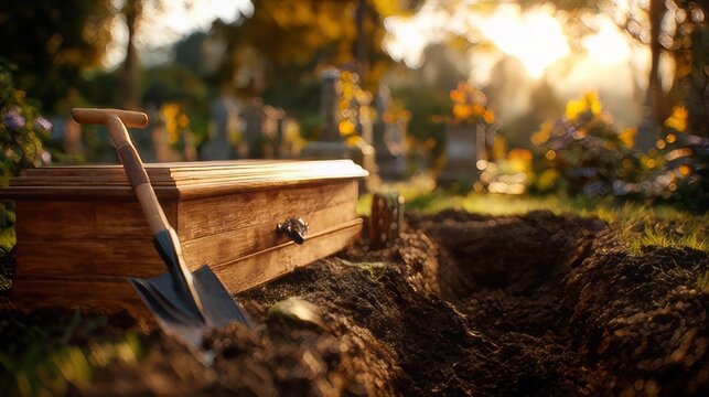 Wooden coffin placed beside an open grave in a cemetery. A metal shovel is shown resting in the dirt next to the grave