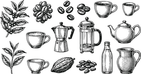 Vintage coffee and cocoa elements in an intricate engraving style with delicate linework and subtle shading ideal for artisanal branding © Mahi Fattah