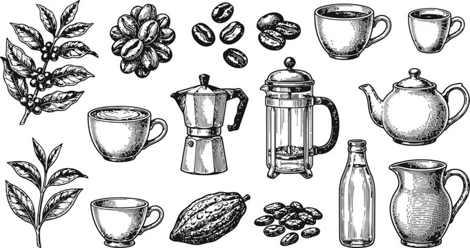 Vintage coffee and cocoa elements in an intricate engraving style with delicate linework and subtle shading ideal for artisanal branding