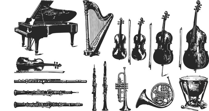 Vintage musical instruments in classic engraving style during a studio session with detailed textures