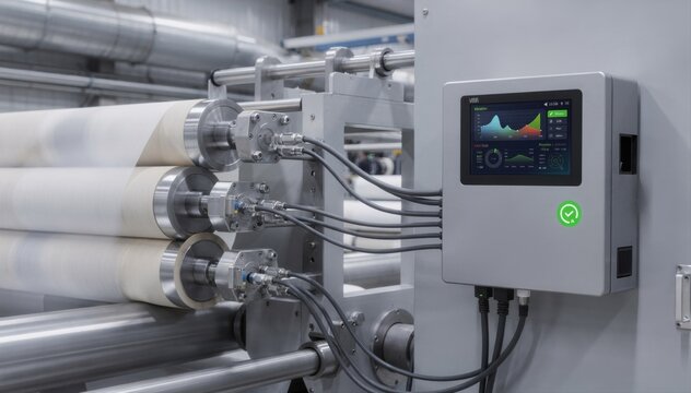 Medium shot of smart edge gateway device connected to calender roll sensors processing data on vibration and heat for proactive maintenance alerts.