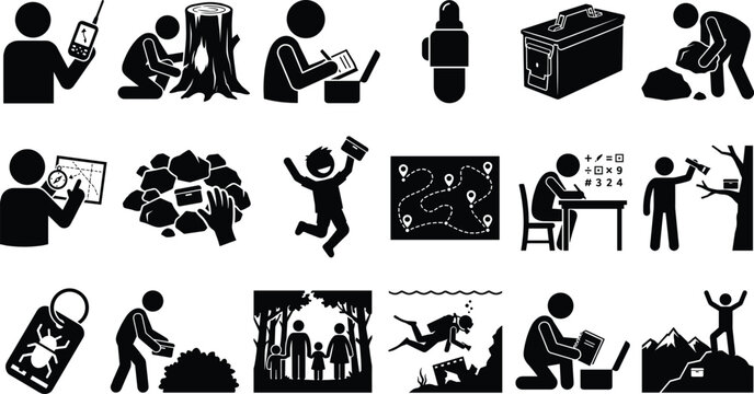 Geocaching adventure icon set featuring stick figures finding hidden containers using GPS map compass and outdoor navigation equipment