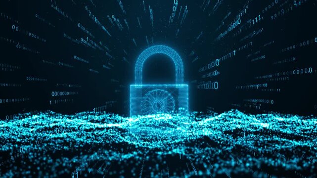 Cybersecurity padlock hologram technology animation, cyber data protection privacy encryption with glowing blue binary code stream floating over particle wave background.
