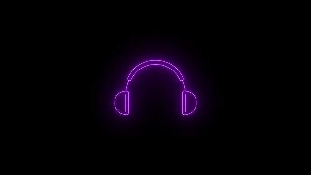 Vibrant purple neon headphone outline animation - retro synthwave style music headset logo and dj sound symbol loop on black background. 4k
