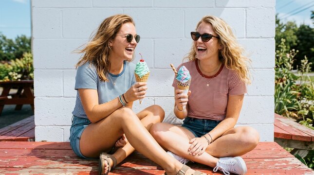 Two women enjoying ice cream cones while laughing on a wooden bench outdoors