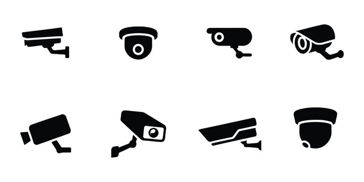 Security Camera Icons: A collection of diverse security camera symbols. surveillance, safety, protection, technology, CCTV, monitoring, recording, digital, icon set, graphic resource.