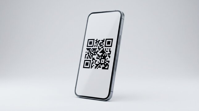 QR code on smartphone screen, digital barcode for mobile payment and scanning, modern cellular phone displaying quick response code on white background