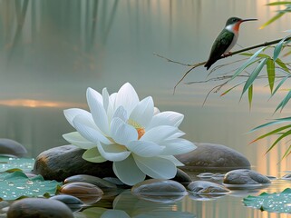 Fototapeta premium Tranquil Zen Garden Scene with White Lotus Flower, Hummingbird Perched on Branch, and Rippling Water