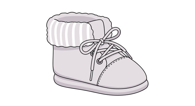 Soft lilac baby bootie with a striped furry collar and laces illustrated in a cute and cozy style on a white background.