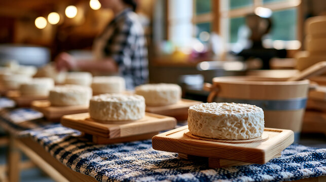 Artisanal dairy production in a small cheese-making room with fresh farm cheese rounds on wooden boards photorealistic premium mood