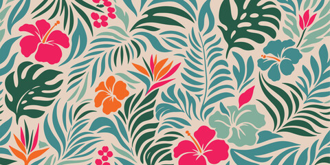 Abstract tropical seamless pattern featuring vibrant pink hibiscus flowers and lush green palm leaves. © PixelCraft