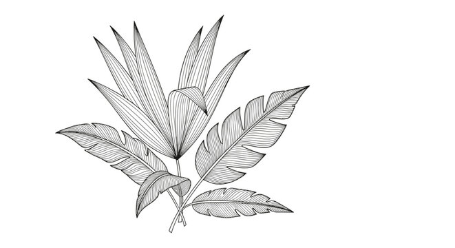 Artistic black and white hatched line drawing of exotic tropical leaves including bird of paradise and palm fronds on a white background.