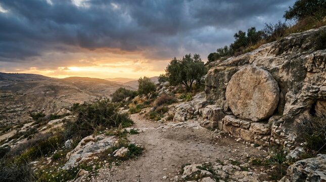 Empty tomb of Jesus Christ in Jerusalem at sunrise. Ancient sepulcher carved into rock with stone rolled away. Biblical site of resurrection of Christ, Christian Easter faith.