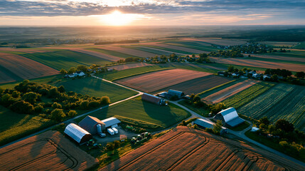 Wide aerial view of patchwork farm fields with barns and rural roads, showing agricultural machinery in a photorealistic countryside production system © Julia