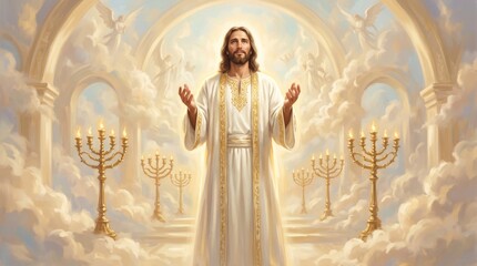 Obraz premium Jesus Christ standing with hands raised in prayer in heaven. Divine light background, holy candle, clouds and angelic figures. Christian religious art for worship and spirituality.