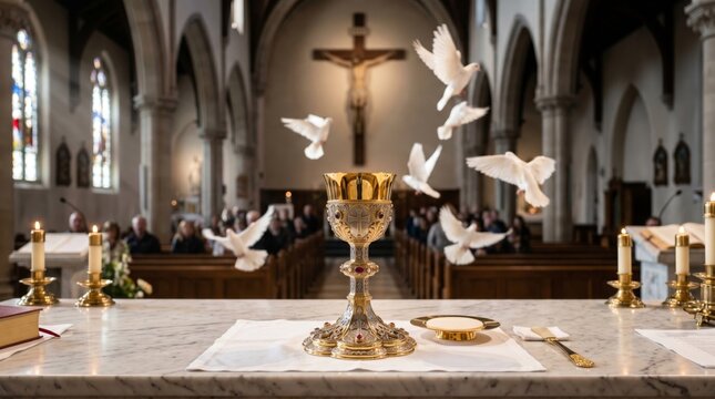 Golden chalice on altar with white dove flying in church. Christian liturgical rite during religious service. Concept of communion, faith, spirituality and holy eucharist celebration.