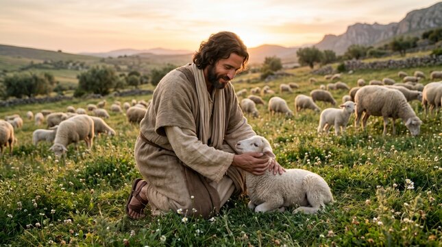 Jesus Christ kneeling in a field with a flock of sheep. Shepherd petting a lamb in a green pasture during sunset. Religious scene depicting biblical parables and spiritual care.