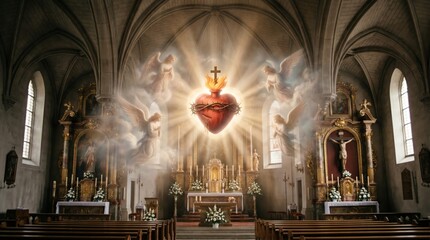 Obraz premium Sacred heart of Jesus glowing with light inside an old church with flying angels. Catholic religious symbol of divine love and passion. Christian spiritual worship and prayer concept.