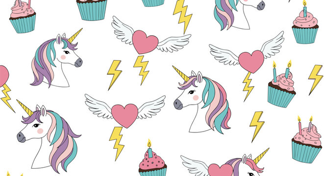 Vibrant seamless pattern features cute unicorns, birthday cupcakes, hearts with wings, and lightning bolts for a magical party theme.