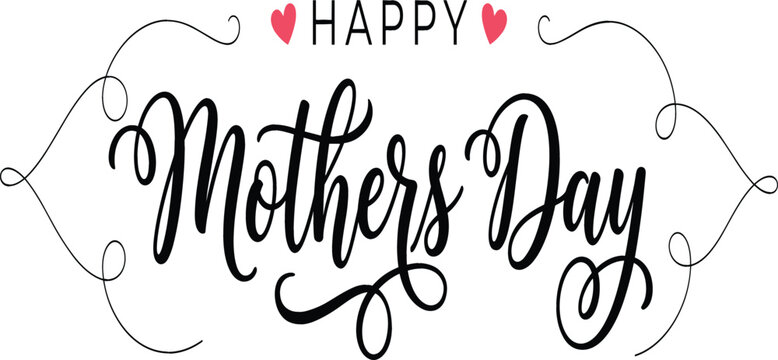 Happy Mothers Day elegant typography banner featuring black cursive calligraphy hand lettering flourishes and small pink hearts isolated on a white background