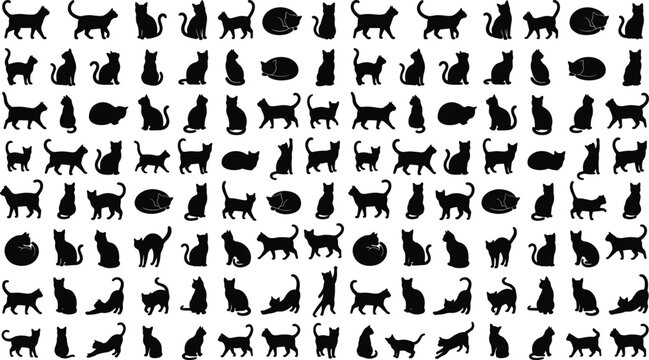 Large bundle of domestic cat black silhouettes in various poses including walking sitting sleeping stretching and standing isolated on white background