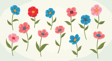 Obraz premium Set of simple colorful flowers in red, pink, and blue with green stems and leaves arranged on a soft neutral background.