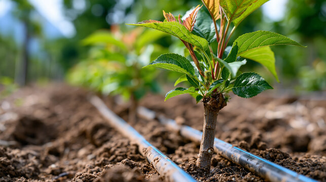 Young trees in a modern orchard with irrigation tubes, fresh planting rows for long term fruit production investment, photorealistic outdoor agriculture