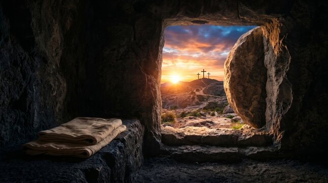 Empty tomb of Jesus Christ with open stone entrance at sunrise. Calvary hill with three crosses in distance. Resurrection and hope concept, biblical scenery for Easter holiday.