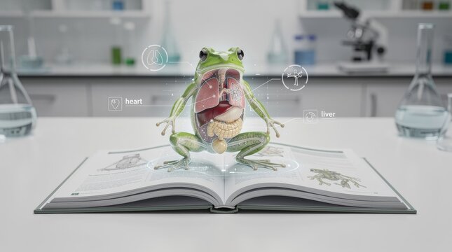 Anatomical Frog Model Open on Educational Book