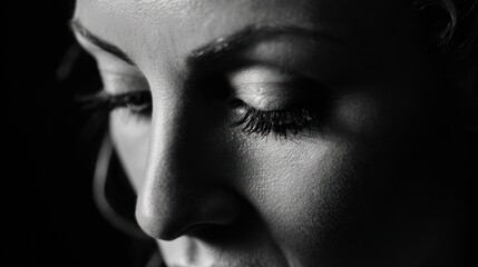 Fototapeta premium Close up portrait of a womans face focused on eyes in black and white
