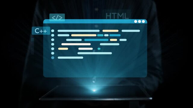 A captivating digital interface showcasing various programming languages like HTML, Python, and C displayed on a modern laptop held by hands, symbolizing innovation. Qubit