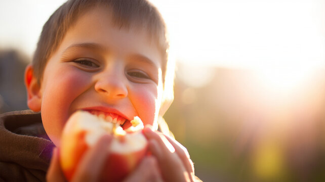 Little boy eating an apple outdoors with a happy smile, close-up portrait capturing healthy childhood, fresh fruit, joyful expression and natural family lifestyle